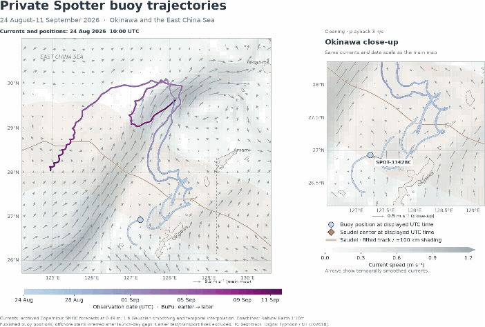 Map of four Spotter buoy trajectories near Okinawa during Typhoon Saudel
