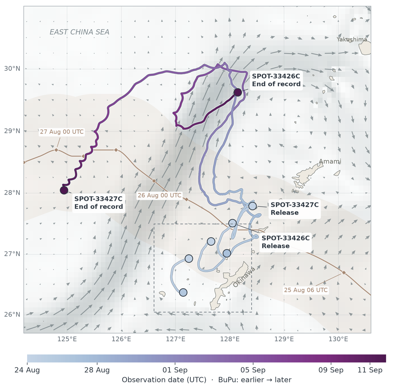 Map of four Spotter buoy trajectories near Okinawa during Typhoon Saudel