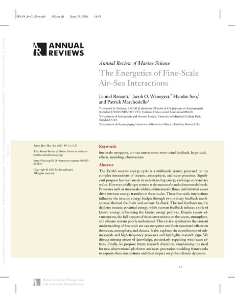 First page of the Annual Review of Marine Science paper on fine-scale air-sea interactions
