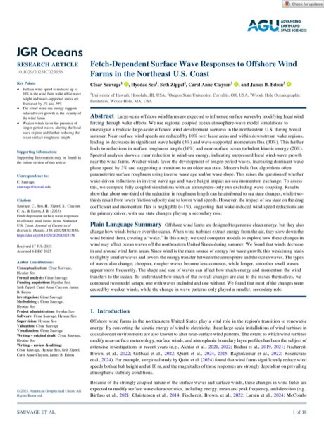First page of the JGR Oceans paper on offshore wind farm surface wave responses