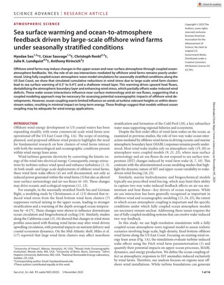 First page of the Science Advances paper on offshore wind farm ocean feedbacks