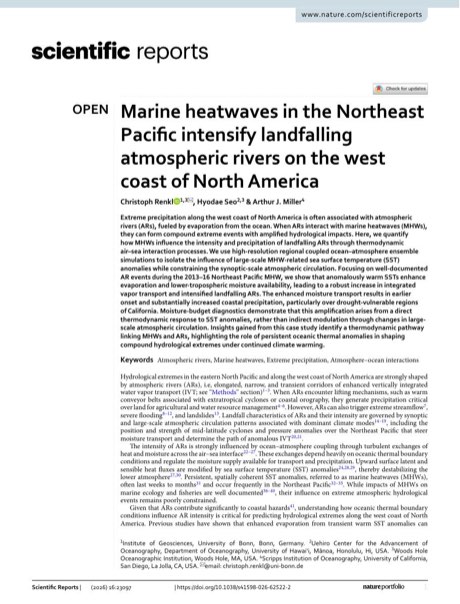 First page of the Scientific Reports paper on marine heatwaves and atmospheric rivers